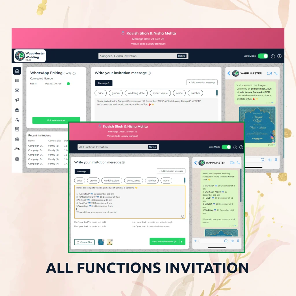 All Functions Invitation WhatsApp invitation screen showing automated wedding thank you message editor, media attachment option, and live preview in WappMaster