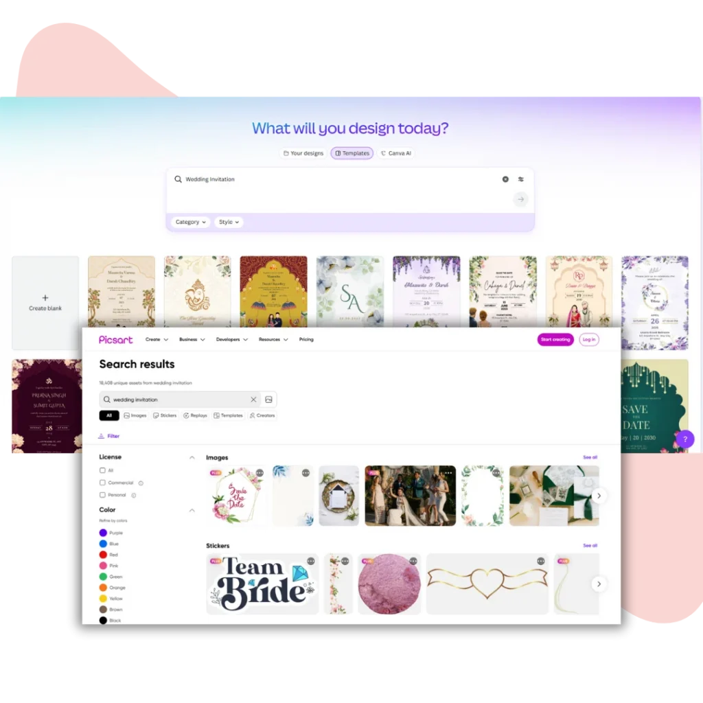 Dashboard of CANVA and PICSART for easy invitation designs 