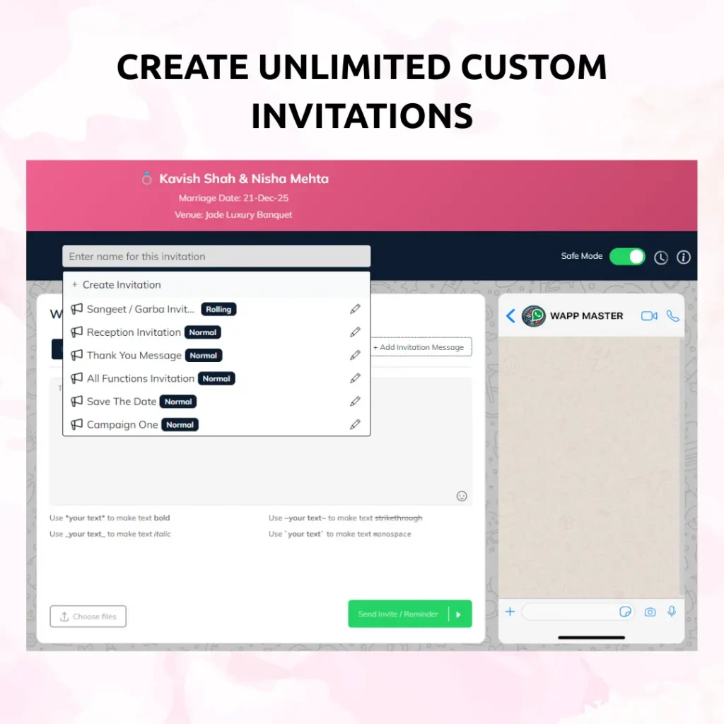 WappMaster dashboard showing the option to create unlimited custom WhatsApp wedding invitations for multiple events like sangeet, reception, save the date, and thank you messages