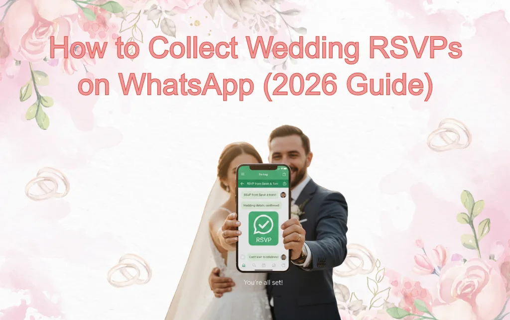 Bride and groom holding a smartphone displaying WhatsApp wedding RSVP confirmation, showing digital RSVP collection for weddings.