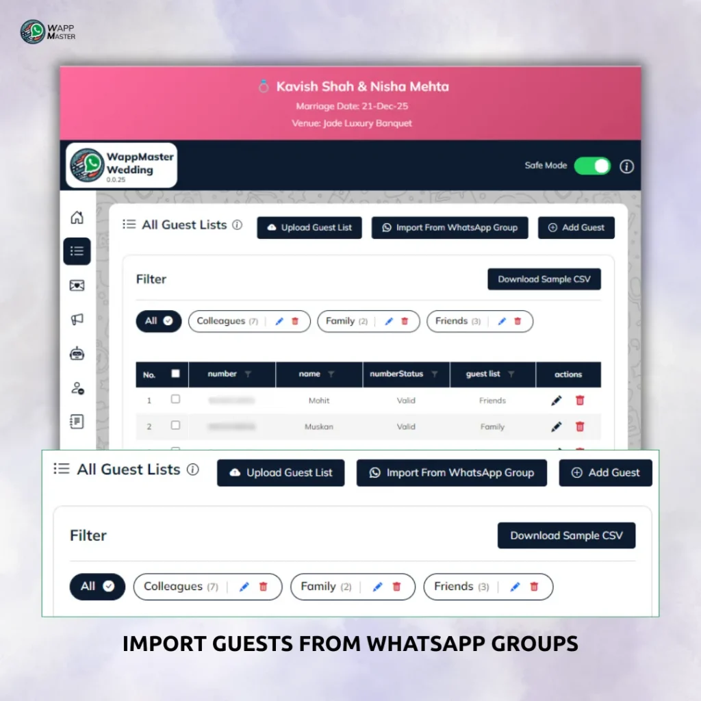 WappMaster Wedding dashboard displaying guest list management with options to import guests from WhatsApp groups, upload CSV files, filter guests by family, friends, or colleagues, and manage wedding invitations in one place.