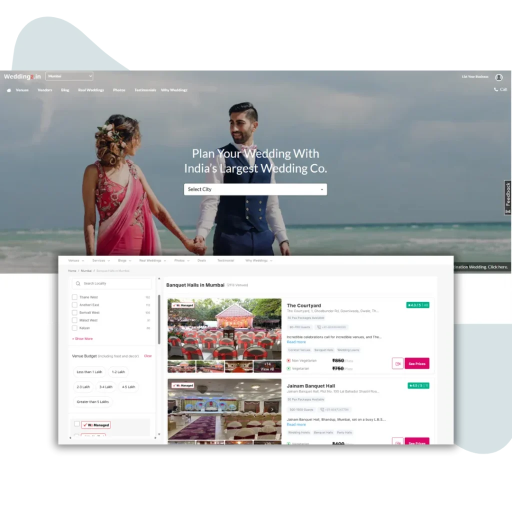 Dashboard of Oyo Weddingz for venue booking.