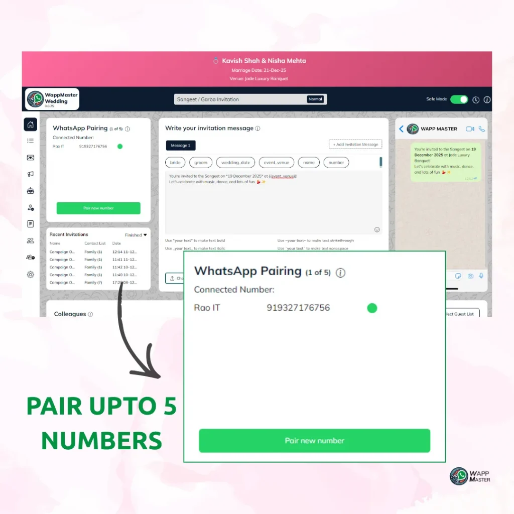 WhatsApp pairing screen showing option to connect up to five numbers for sending bulk event invitations using WappMaster