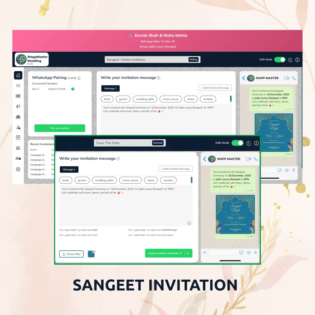 Sangeet / Garba WhatsApp invitation screen showing automated wedding thank you message editor, media attachment option, and live preview in WappMaster