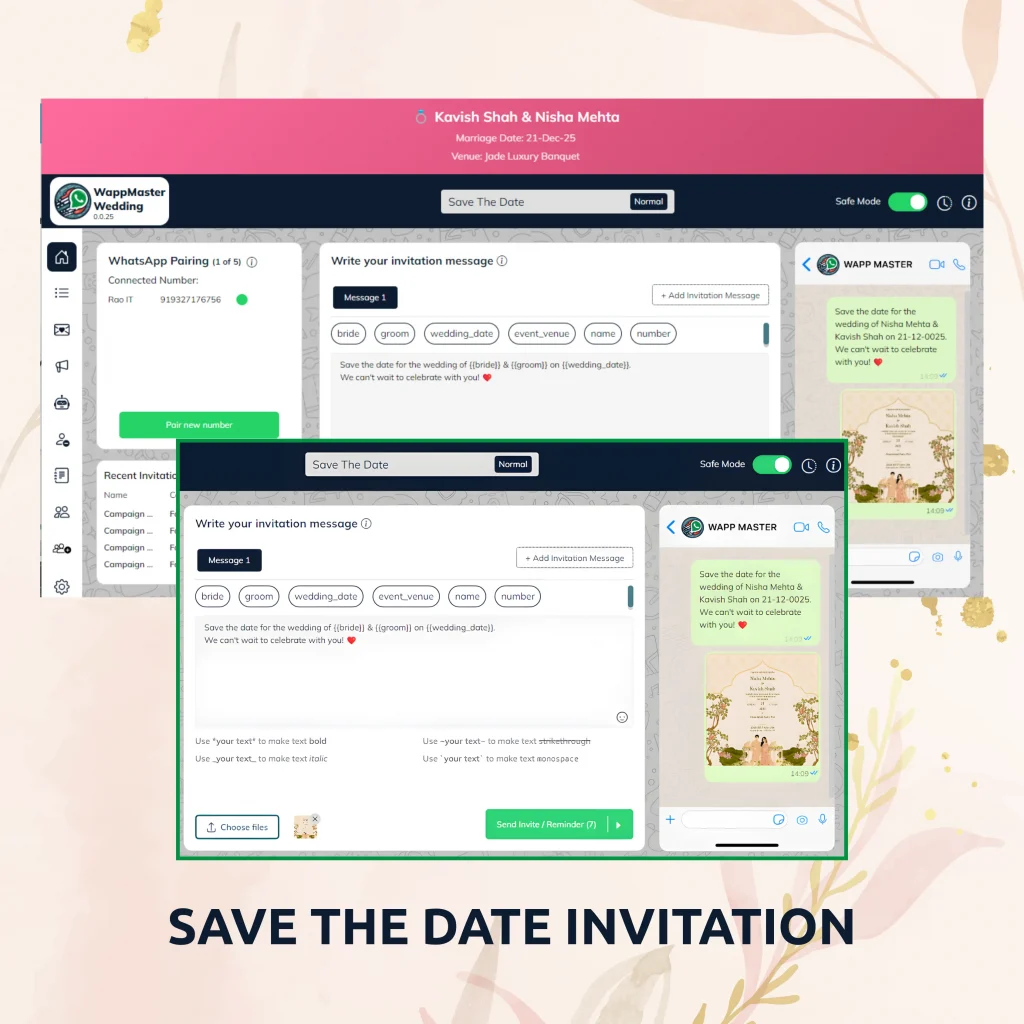 Save the Date WhatsApp invitation screen showing automated wedding thank you message editor, media attachment option, and live preview in WappMaster