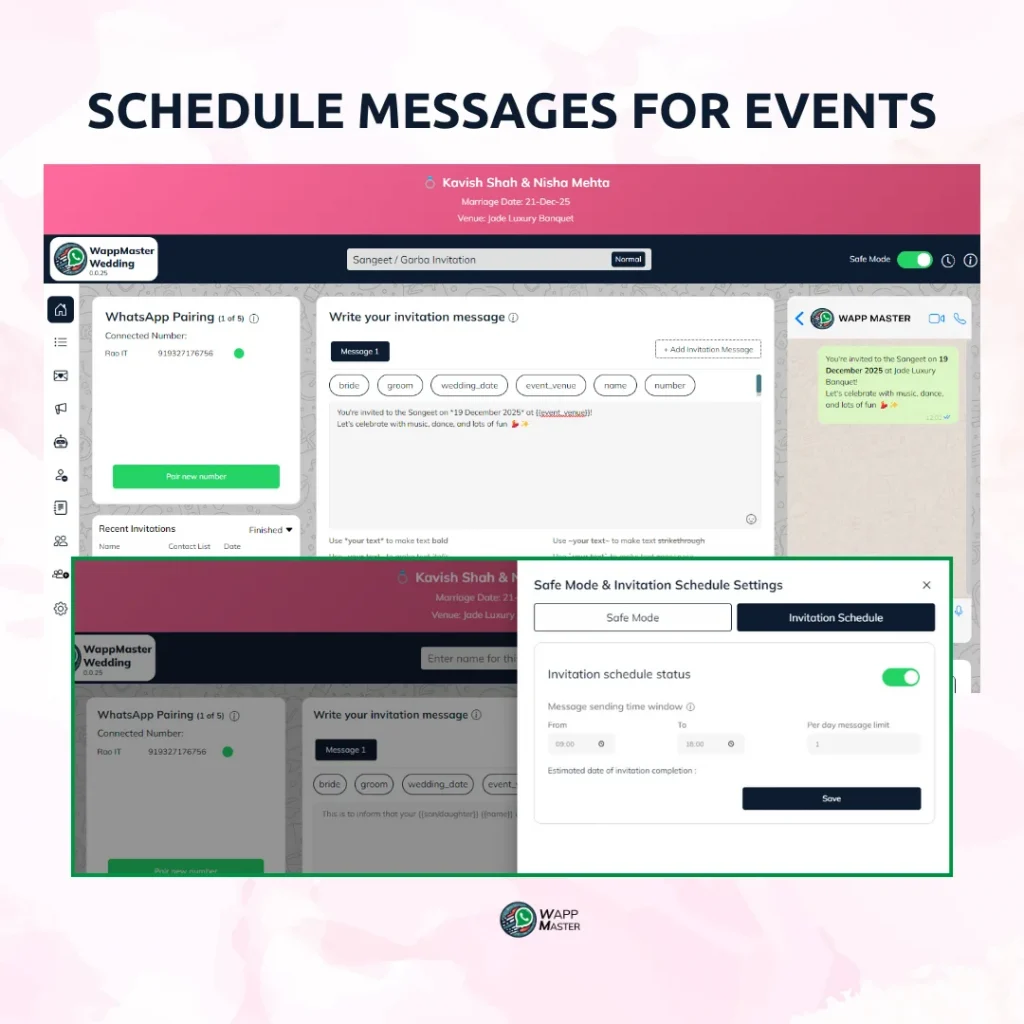 WhatsApp event invitation scheduling dashboard showing message editor, safe mode, and invitation schedule settings in WappMaster