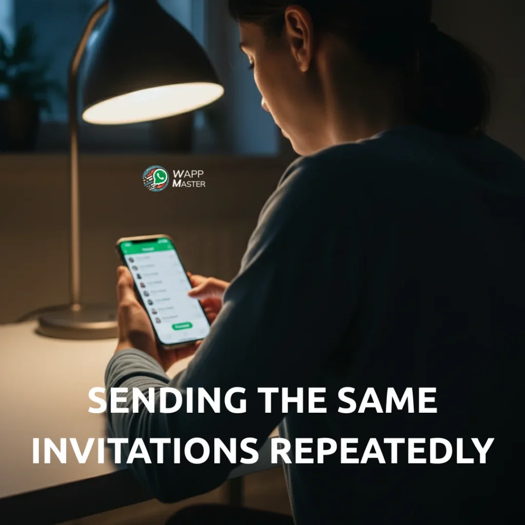 Person manually sending the same WhatsApp invitation repeatedly on a smartphone, illustrating the time-consuming and repetitive nature of manual guest messaging
