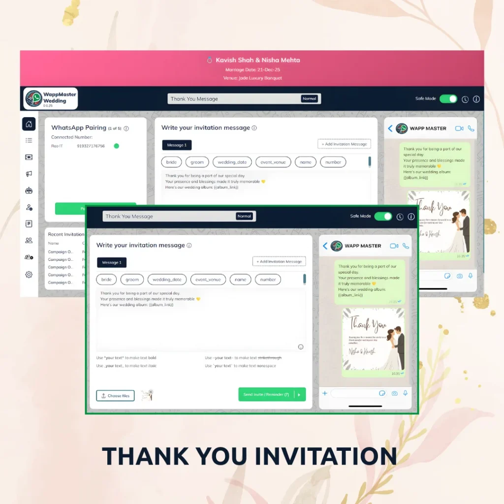 Thank you WhatsApp invitation screen showing automated wedding thank you message editor, media attachment option, and live preview in WappMaster