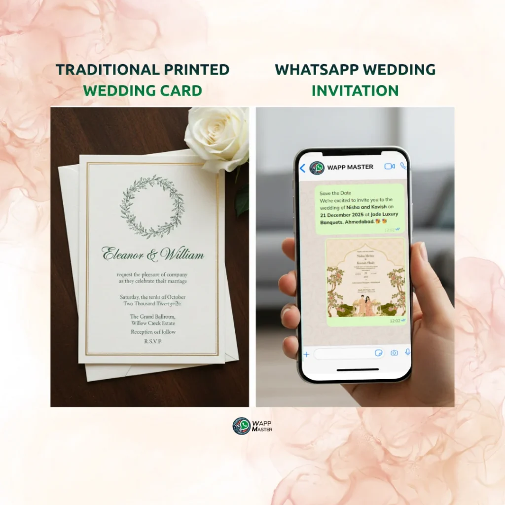 Comparison between a traditional printed wedding card and a WhatsApp wedding invitation sent digitally on a smartphone.