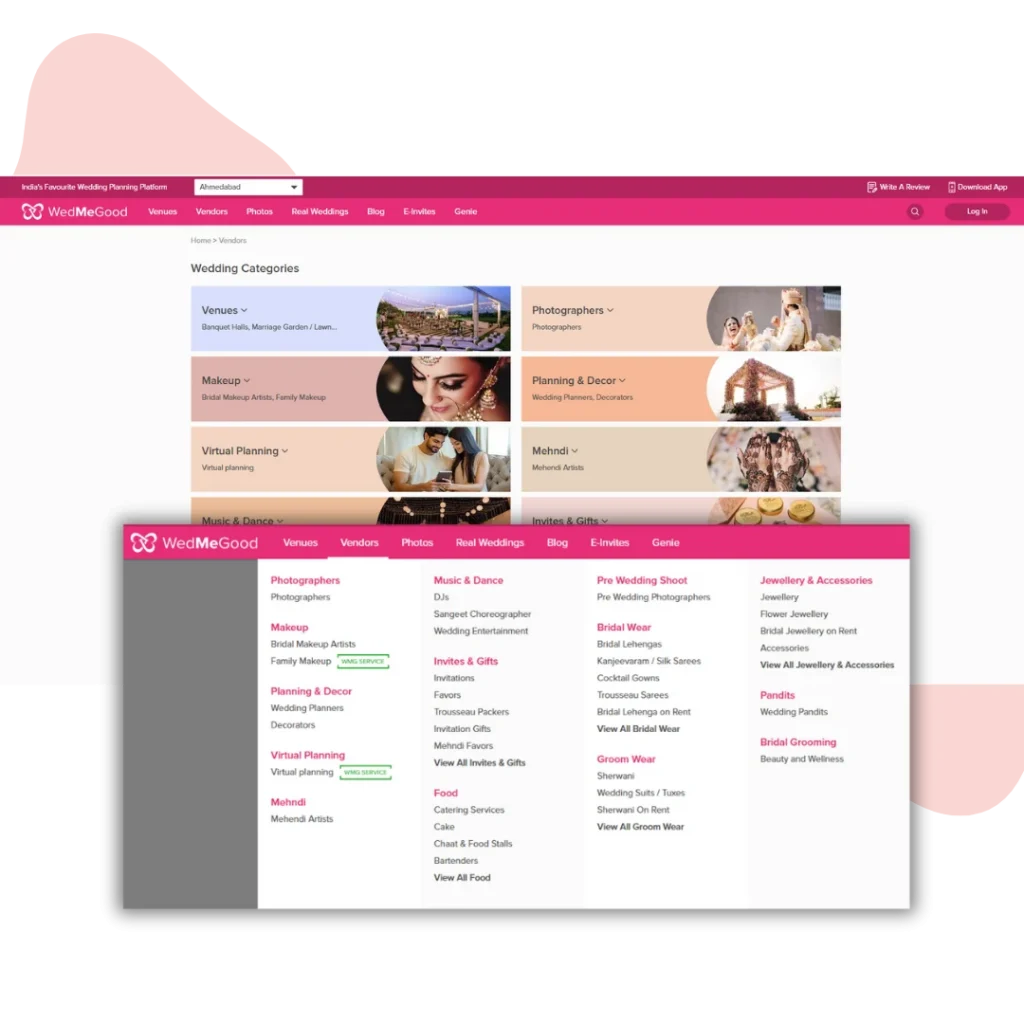 Dashboard of WedMeGood for Vendor Discovery