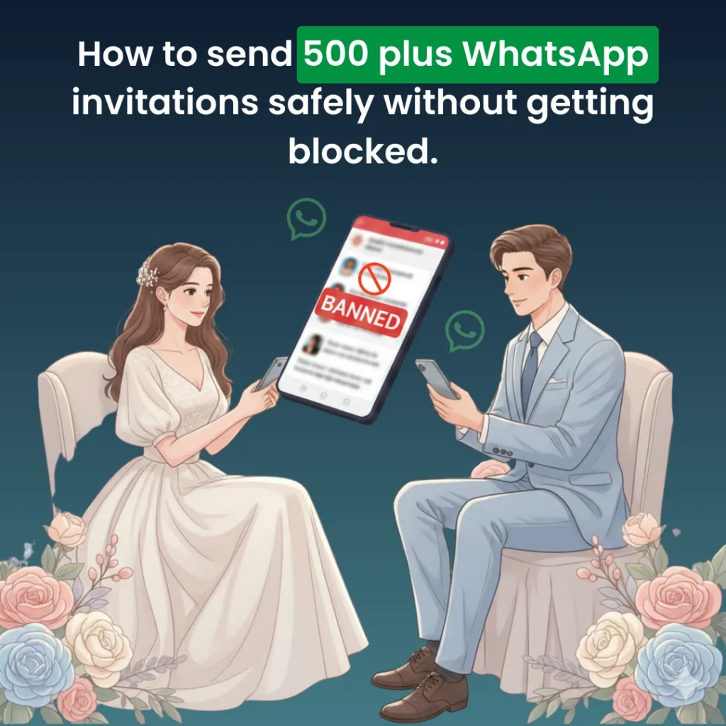 Bride and groom illustration showing how to send 500+ WhatsApp wedding invitations safely without getting blocked or banned.