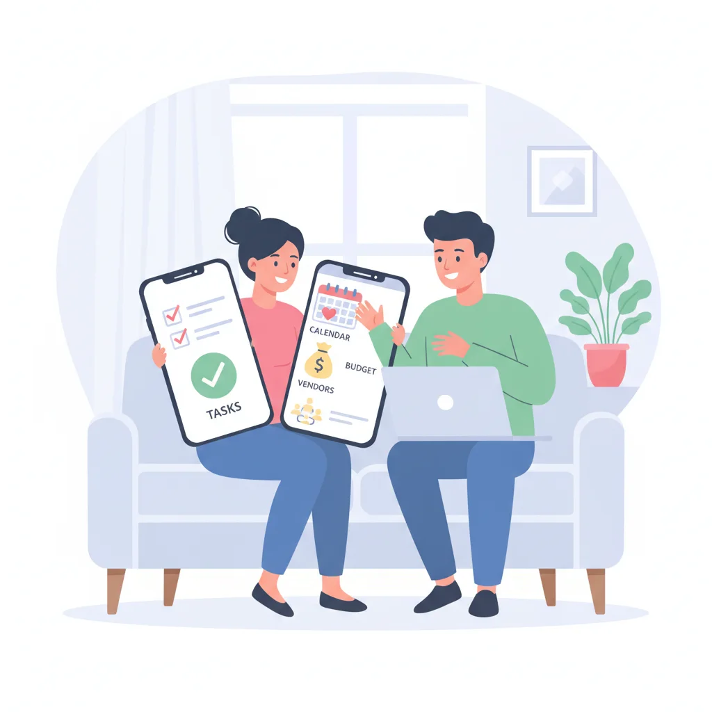 Indian couple using wedding planning mobile apps to manage tasks, budget, vendors, and wedding schedule.