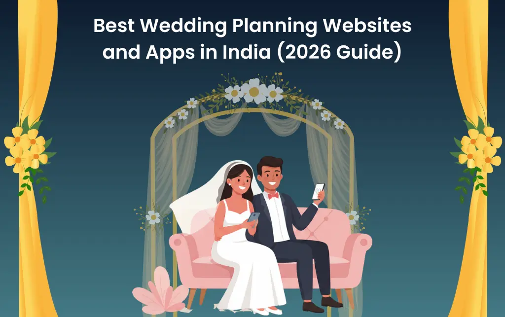 Illustration of an Indian wedding couple using mobile apps for wedding planning in India.